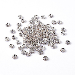 Crystal Brass Rhinestone Spacer Beads, Grade AAA, Straight Flange, Nickel Free, Silver Color Plated, Rondelle, Crystal, 6x3mm, Hole: 1mm