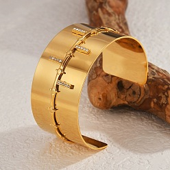 Золотой 304 браслеты-манжеты из нержавеющей стали со стразами для женщин, золотые, внутренний диаметр: 2-1/2 дюйм (6.25 см)