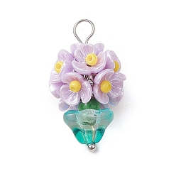 Лиловый Подвески для цветочных горшков из стеклянных бус, с фурнитурой из смолы и латуни, сирень, 23x13 мм, отверстие : 2 мм
