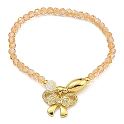 Персиковый Слойка Латунь и стекло с покрытием стойки растягивающиеся браслеты, без кадмия и без свинца, долговечный, бант из микропаве из кубического циркония, розовые, внутренний диаметр: 2 дюйм (5 см), bowkont: 20x16x4 мм