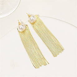 Golden Brass Dangle Stud Earrings, Tassel Earrings, with Imitation Pearl Beads, Golden, Pendants: 65x14.5mm