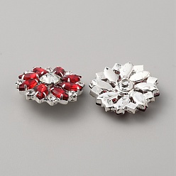 Rot 1 -löchrige Messingknöpfe, mit Strass und Glas, Textildesign, Blume, rot, 26x26x10 mm, Bohrung: 2 mm