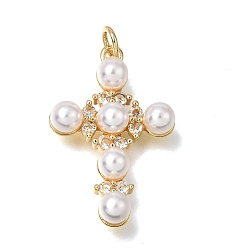 Real 18K Gold Plated Brass Micro Pave Clear Cubic Zirconia Pendants, with ABS Plastic Imitation Pearl, Cross Charms, Lead Free & Cadmium Free, Long-Lasting Plated, Rack Plating, White, Real 18K Gold Plated, 27.5x18x5.5mm, Hole: 3.5mm
