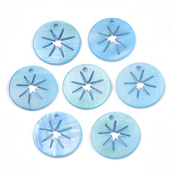 Light Sky Blue Natural Freshwater Shell Pendants, Flat Round with Hollow Star, Dyed, Light Sky Blue, 20x2mm, Hole: 1.6mm
