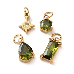Olive Drab 4Pcs 4 Styles 304 Stainless Steel & Glass Pendants, Star & Flat Round & Teardrop & Rectangle, with Jump Ring, Faceted, Ion Plating(IP), Long-Lasting Plated, Olive Drab, 10~14x6.5~8x3~5mm, Hole: 3mm