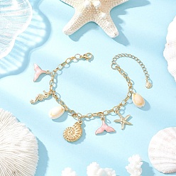 Pink Браслеты с подвесками из нержавеющей стали и эмалевого сплава, 304 браслеты из нержавеющей стали с цепочками для женщин, в форме хвоста кита, морской звезды и ракушки, с натуральными бусинками из каури, розовые, 7-3/8 дюйм (18.8 см)