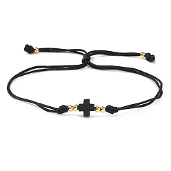Черный Регулируемые браслеты с бусинами из латуни и акрила., украшения из волоконного шнура для женщин и мужчин, крестик, золотые, чёрные, 11.02 дюйм (28 см)