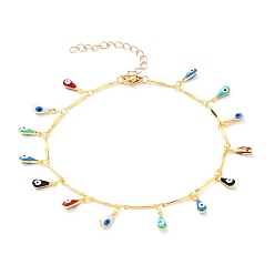 Golden Brass Enamel Charm Anklets, with Brass Bar Link Chains and 304 Stainless Steel Lobster Claw Clasps, Colorful, Teardrop with Evil Eye, Golden, 9-7/8 inch(25cm)