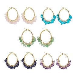 Смешанные камни Серьги-кольца с бисером и кристаллами драгоценных камней, золотые украшения 304 из нержавеющей стали для женщин, 46x42x2~7 мм, штифты : 16x0.8~1 мм