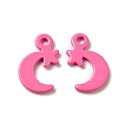 Hot Pink Spray Painted 201 Stainless Steel Charms, Moon with Star Charms, Hot Pink, 12x7x1mm, Hole: 1.2mm