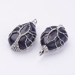 Синий Драгоценный Камень Синтетический синий авантюрин подвески, с латунной фурнитурой , слеза, платина, 44~46x26x12~13 мм, отверстие : 4x7 мм