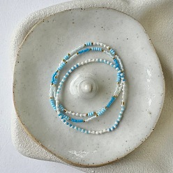 Небесно-голубой 3 Набор эластичных браслетов из стеклянного бисера для женщин, цилиндр и круг, голубой, 6.50 дюйм (16.5 см)