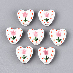 Бледно-Розовый Ручной фарфоровые керамические шарики, сердце с цветочным узором, Famille выросли стиле, розовый жемчуг, 15x15x7 мм, отверстие : 3 мм