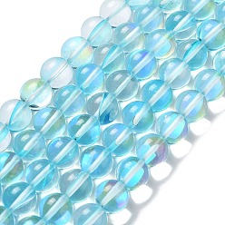 Голубой Синтетические лунные лучи, круглые, голубой, 10 мм, отверстие : 1 мм, около 19 шт / нитка, 7.48 дюйм (19 см)