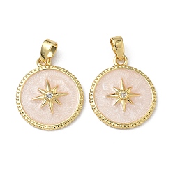 (404) Непрозрачное AB Кислое яблоко Латунные микропаве прозрачные подвески с фианитом, с эмалью, плоские круглые со звездой, реальный 18 k позолоченный, цветочный белый, 18.5x16x2.5 мм, отверстие : 4x2.5 мм