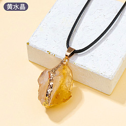 Цитрин Подвеска из необработанного натурального цитрина с гальваническим покрытием, ожерелье на черном вощеном шнуре., золотые, 17.72 дюйм (45 см)