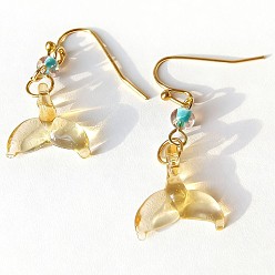 Amarillo Pendientes colgantes de cristal de murano hecho a mano, cola de pescado, dorado, amarillo, 30 mm