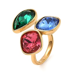 Colorful Teardrop & Square Glass Open Cuff Rings, Real 18K Gold Plated 304 Stainless Steel Ring, Colorful, US Size 7 1/4(17.5mm)