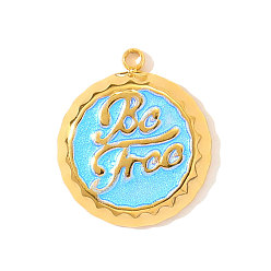 Голубой 304 нержавеющей стальной эмали подвески, плоские круглые со словесными подвесками, ионное покрытие (ip), реальный 18 k позолоченный, голубой, 18x16 мм