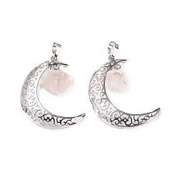 Розовый Кварц Подвески из натурального розового кварца, Луна прелести, латунная фурнитура с платиновым покрытием, 38.5~40x27~28x2 мм, отверстие : 7x5 мм