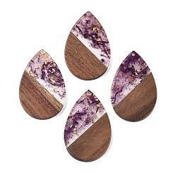 Индиго Большие подвески из прозрачной смолы и орехового дерева, с блеском порошок, слеза, индиговые, 51.5x33~33.5x3.5 мм, отверстие : 2 мм