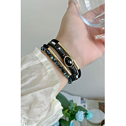 Черный Многорядные браслеты из искусственной кожи в стиле бохо для женщин, со стеклянными бусинами и магнитными застежками, чёрные, 7-5/8 дюйм (19.3 см)