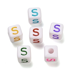 Letter S Непрозрачные акриловые бусины, Эмаль стиле, куб с письмом, Письмо с, 10x9.5x9 мм, отверстие : 3.8 мм, Около 560 шт / 500 г
