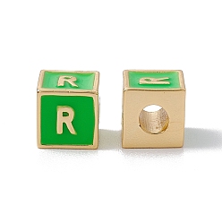 Letter R Стойки покрытие латунь эмаль бисер, без кадмия, без никеля и без свинца, реальный 18 k позолоченный, куб с письмом, зеленый лайм, буква r, 6x6x6 мм, отверстие : 2.5 мм