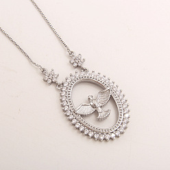Платина Ожерелья с подвеской в форме овала с птицей из латуни с микропаве из прозрачных кубических цирконий для женщин, платина, 17.72 дюйм (45 см)