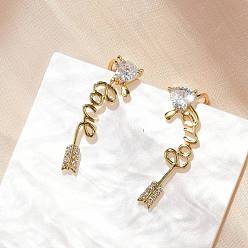 Настоящее золото 18K Серьги-гвоздики из латунного микро-паве, стойки покрытие, долговечный, без свинца и без кадмия, стрелка со словом, реальный 18 k позолоченный, 32x9 мм