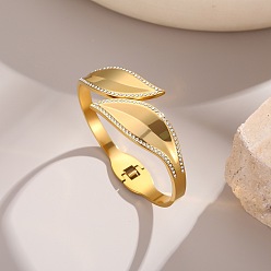 Golden 304 Stainless Steel Crystal Rhinestone Leaf Open Hinged Cuff Bangles for Women, Golden, Inner Diameter: 1.85 inch(4.7cm)x2.52 inch(6.4cm)