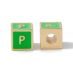 Letter P Стойки покрытие латунь эмаль бисер, без кадмия, без никеля и без свинца, реальный 18 k позолоченный, куб с письмом, зеленый лайм, letter.p, 6x6x6 мм, отверстие : 2.5 мм