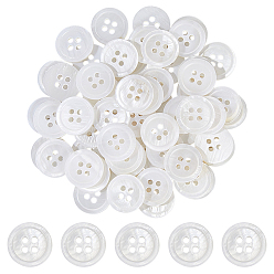 Белый 60пуговицы из натуральной ракушки, 4-луночное, плоско-круглые, белые, 15x2 мм, отверстие : 2 мм, 60 шт / комплект