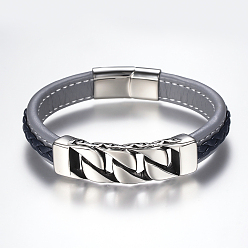 Светлый Стально-синий Мужские плетеный PU кожаный шнур браслеты, с 304 выводов из нержавеющей стали и магнитных застежках, прямоугольные, светло-стальной синий, 8-5/8 дюйм (220 мм)