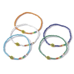 Mixed Color Acrylic Smiling Face & Seed Beaded Stretch Bracelet, Mixed Color, Inner Diameter: 2 inch(5.2cm)