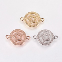Mixed Color Brass Micro Pave Cubic Zirconia Pentacle Links, Clear, Nickel Free & Lead Free & Cadmium Free, Flat Round with Star, Colorful, Mixed Color, 14x20.5x2mm, Hole: 1mm