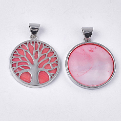 Hot Pink Freshwater Shell Pendants, with Alloy Findings, Dyed, Flat Round with Tree of Life, Platinum, Hot Pink, 37.5x33.5x3mm, Hole: 6x8.5mm