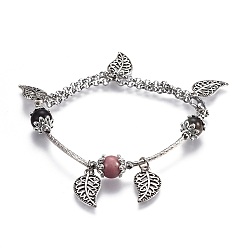 Rhodochrosite 304 Stainless Steel Charm Bracelets, with Natural Rhodochrosite Beads, Natural Labradorite, Natural Sandalwood, Alloy Finding, Leaf, 7-5/8 inch(19.5cm)