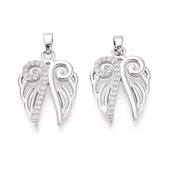 Платина Латунные микропаве прозрачные подвески с фианитом, крылатые прелести, платина, 22x16x2 мм, отверстие : 4.5x2.5 мм