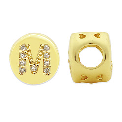 Letter M Brass Micro Pave Clear Cubic Zirconia Beads, Flat Round with Letter, Letter.M, 7.5x6.5mm, Hole: 3.5mm, 3pcs/bag