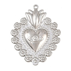Stainless Steel Color 304 Stainless Steel Big Pendants, Sacred Heart with Evil Eye Charms, Stainless Steel Color, 52x41x4mm, Hole: 2.5mm