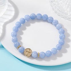 Синий Кружевый Агат Круглые браслеты из натурального окрашенного в синий цвет кружевного агата., 304 Плоское круглое украшение из нержавеющей стали с крестообразными бусинами для женщин, бусины : 8.5 мм, внутренний диаметр: 1.99 дюйм (5.05 см)