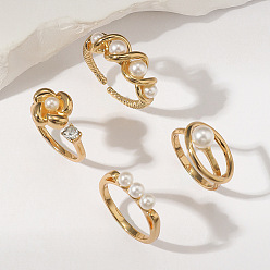 Mixed Shapes Старинные металлические перламутровые регулируемые манжеты для пальцев для женщин, золотые, разнообразные