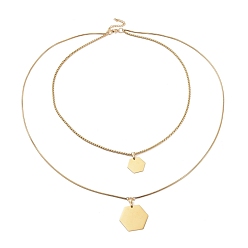 Golden 304 Stainless Steel Double Layer Necklaces, with Box Chains & Snake Chains, Hexagon, Golden, 20.59 inch(52.3cm)