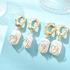 Real 18K Gold Plated Brass Stud Dangle Earrings, Rectangle with Heart, with Natural Baroque Pearl Keshi Pearl Pendants, Real 18K Gold Plated, 39~41x15mm