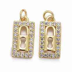 Golden Brass Micro Pave Clear Cubic Zirconia Pendants, Long-Lasting Plated, Rectangle with Lock, Golden, 14.5x7x2.5mm, Jump Ring: 5x0.7mm, Inner Diameter: 3.5mm