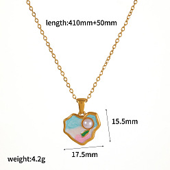 Heart 304 Stainless Steel Enamel Flower Pendant Necklaces, Golden, Colorful, Heart, 16.14 inch(41cm), pendant: 15.5x17.5mm