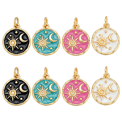 (52) Непрозрачная лаванда 8 шт. 4 цвета стойки позолоченные латунные эмалевые подвески, плоские круглые с солнцем и луной, с целью перехода в кольце, реальный 18 k позолоченный, долговечный, без свинца и без кадмия, разноцветные, 15x13x2 мм, отверстие : 3.4 мм, 2 шт / цвет