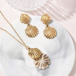 Golden 304 Stainless Steel Shell Pendant Necklaces & Stud Earrings Sets, Ion Plating(IP), Shell Shape & Flower, Golden, 17.64 inch(44.8cm)