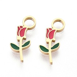 Светло-Вишневый 304 нержавеющей стальной эмали подвески, , ионное покрытие (ip), реальный 14 k позолоченный, светло-вишневый, 13x5x1.2 мм, отверстие : 2 мм